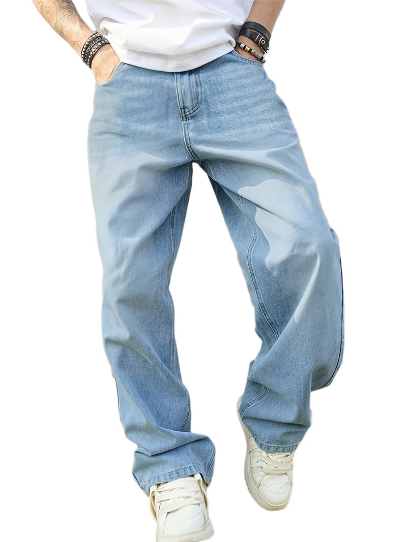 Men's American-style Wide-leg Straight-cut Washed Denim Trendy Solid Color Hong Kong Style Vintage Casual Jeans - Image 1