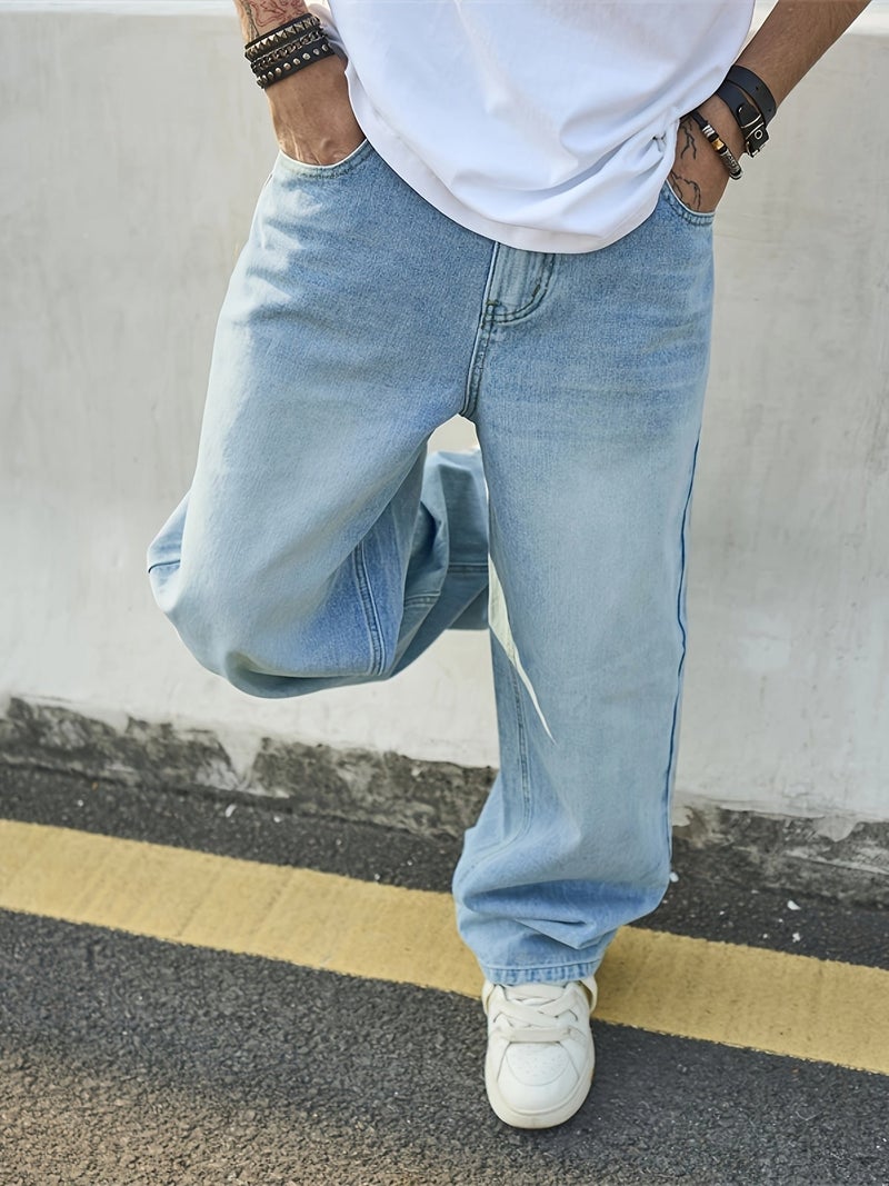 Men's American-style Wide-leg Straight-cut Washed Denim Trendy Solid Color Hong Kong Style Vintage Casual Jeans - Image 5