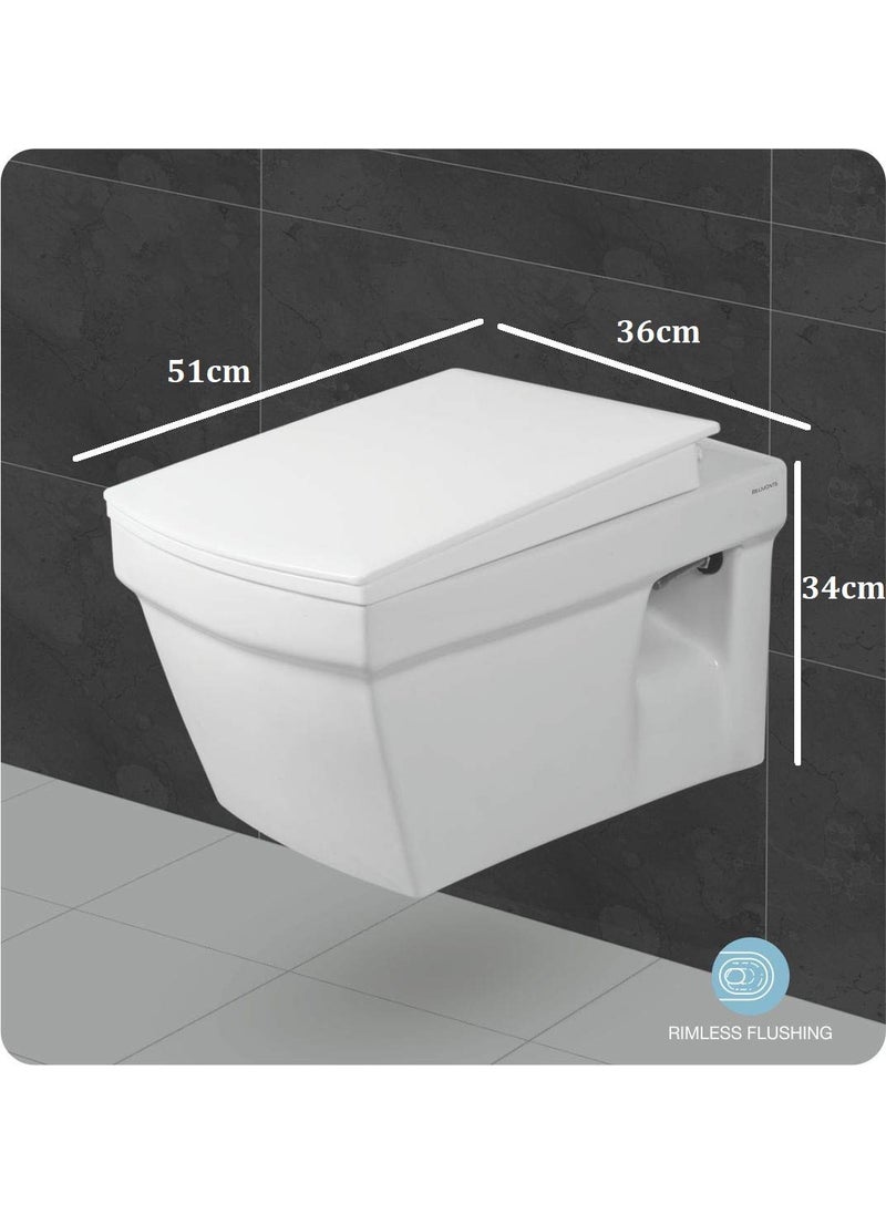 BELMONTE Belmonte Ceramic Wall Hung Rimless Western ToiletCommodeWater ClosetWC Crenza with Soft Close Slim Seat Cover 51cm x 36cm x 34cm White  - Image 2