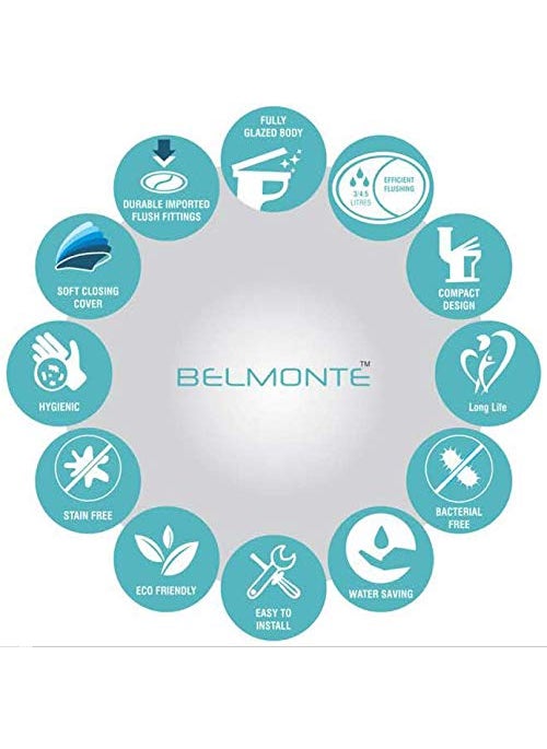 BELMONTE Belmonte Ceramic Wall Hung Rimless Western ToiletCommodeWater ClosetWC Crenza with Soft Close Slim Seat Cover 51cm x 36cm x 34cm White  - Image 4