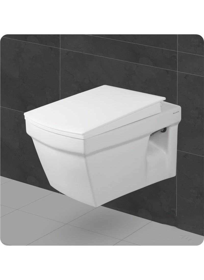 BELMONTE Belmonte Ceramic Wall Hung Rimless Western ToiletCommodeWater ClosetWC Crenza with Soft Close Slim Seat Cover 51cm x 36cm x 34cm White  - Image 1