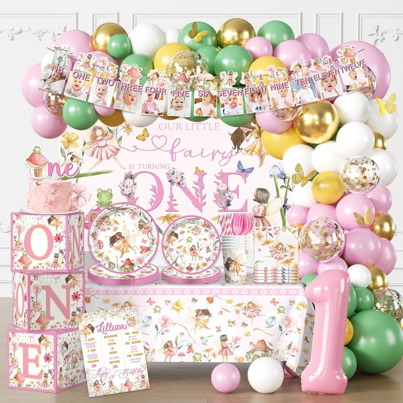 cocomigo 247pcs Fairy First Birthday Decorations Allin1 Fairy 1st Birthday Party Decorations with Tableware Backdrop Tablecloth Balloon Garland Kit Fairy Party Supplies for Girls Serves 20 Guests - Image 2
