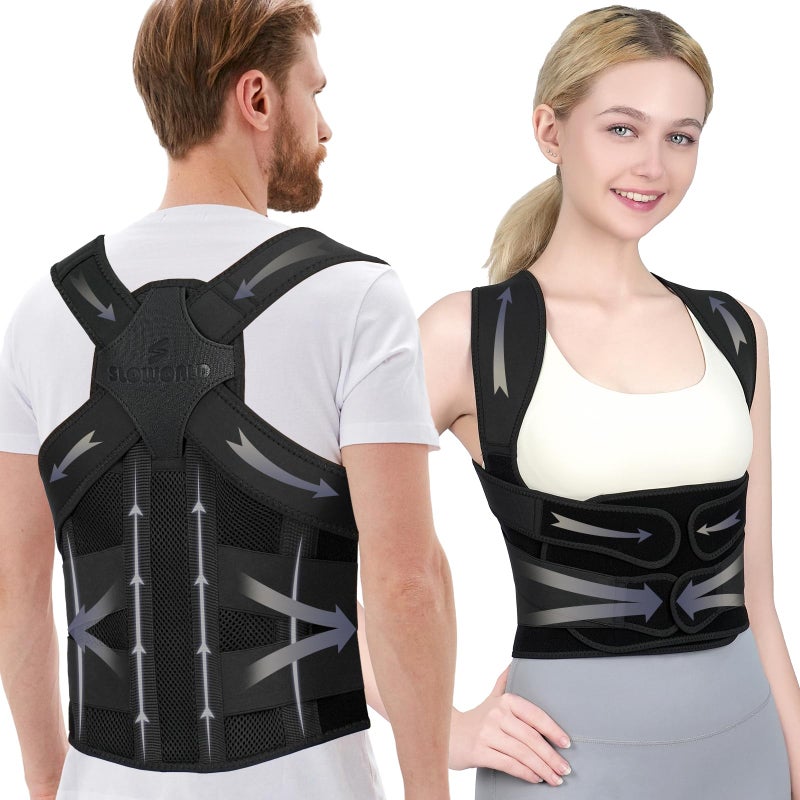 Sloworld Posture Corrector for Women and Men Upgraded Back Brace, Adjustable Full Back Support for Upper and Lower Back Pain Relief, Shoulder Straightener for Hunchback, Scoliosis, Lumbar, Spine (Black,Medium) - Image 1