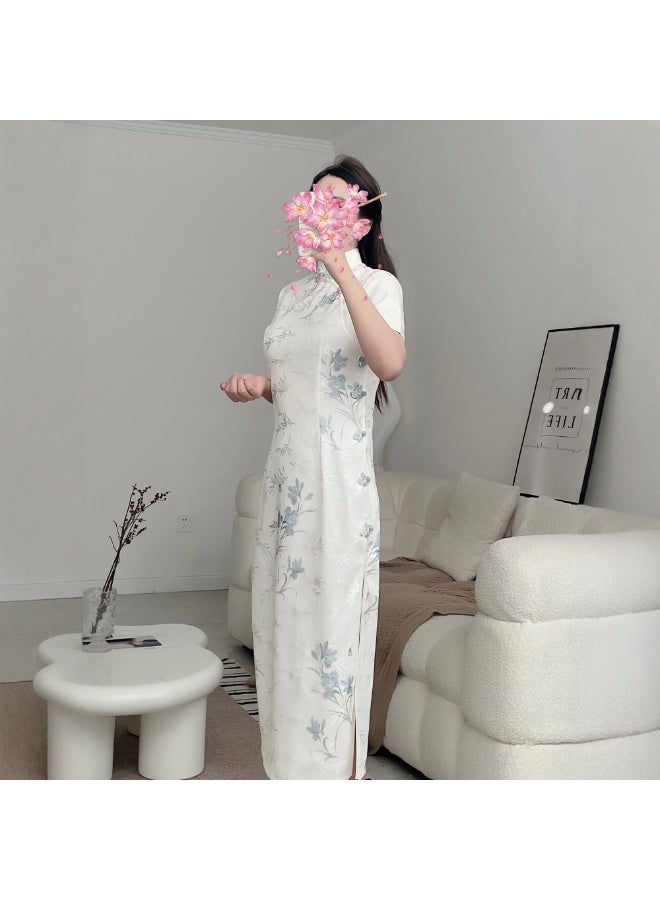 New Chinese Style Jacquard Cheongsam Long Dress, White Base Blue Bamboo Orchid Print, Stand Collar Short Sleeve Modified Qipao, Oriental Outfit for Engagement & Daily Wear - Image 4