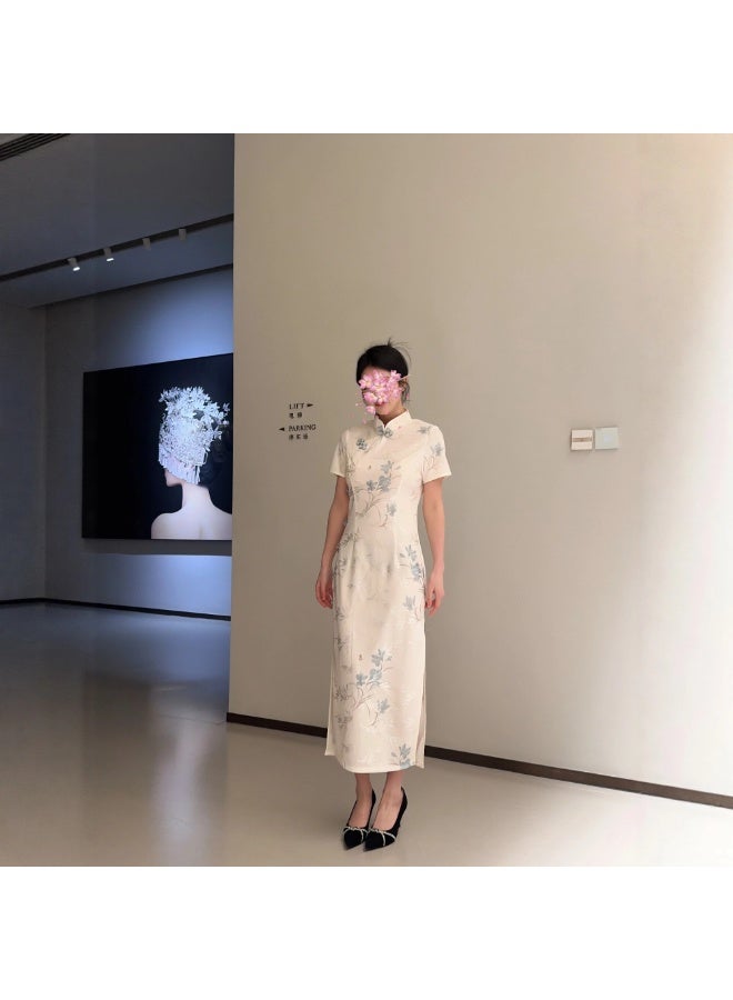 New Chinese Style Jacquard Cheongsam Long Dress, White Base Blue Bamboo Orchid Print, Stand Collar Short Sleeve Modified Qipao, Oriental Outfit for Engagement & Daily Wear - Image 5