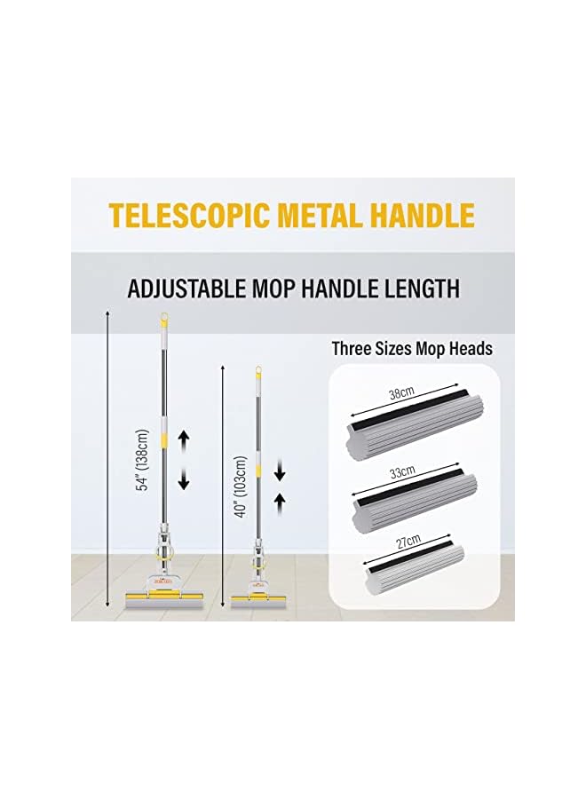 Zalcoon PVA Sponge Mop 33cm, Super Absorbent Foam Sponge Mop | Telescopic Handle, Quick Release Mop-head | Household Cleaning Tool for Hardwood, Multi-Surface Hard Floors (Pack of 1) - Image 3