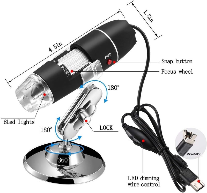 Jiusion 40 to 1000x Magnification Endoscope, 8 LED USB 2.0 Digital Microscope, Mini Camera with OTG Adapter Metal Stand, Compatible with Mac Windows 7 8 10 11 Android Linux Chrome Not for iPhone/iPad - Image 3