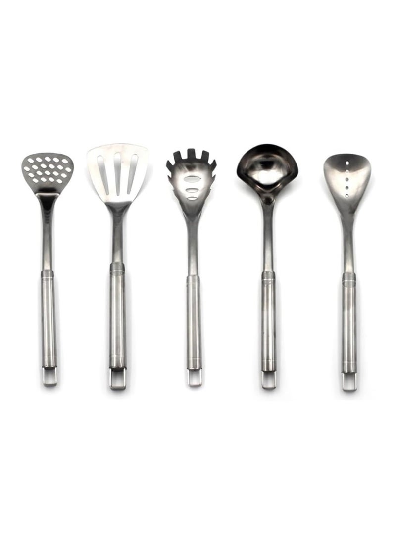 Auroware Auroware Stainless Steel Kitchen Utensil Set 5 Piece for Home cooking Potato smasher Slotted Turner Spoon Spaghetti Server Soup Ladle  - Image 1