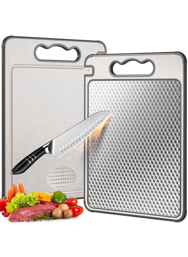 هومستر مزدوج الجانب 304 لوح قطع ستيل ستيل وقش القمح، 14.4"*9.8" لوح تقطيع غير سام، مناولة منفصلة للحوم والخضروات، غسالة الأطباق آمنة، تصميم شبكة مقاومة للخدش - Image 1