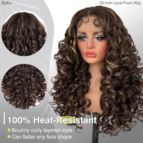 SOKU Long Curly Lace Front Wig for Black Women Highlight 13x4x1 Synthetic Lace Front Wigs Glueless PrePlucked Hairline with Baby Hair 22 Inch Heat Resistant Highlight Brown - Image 3