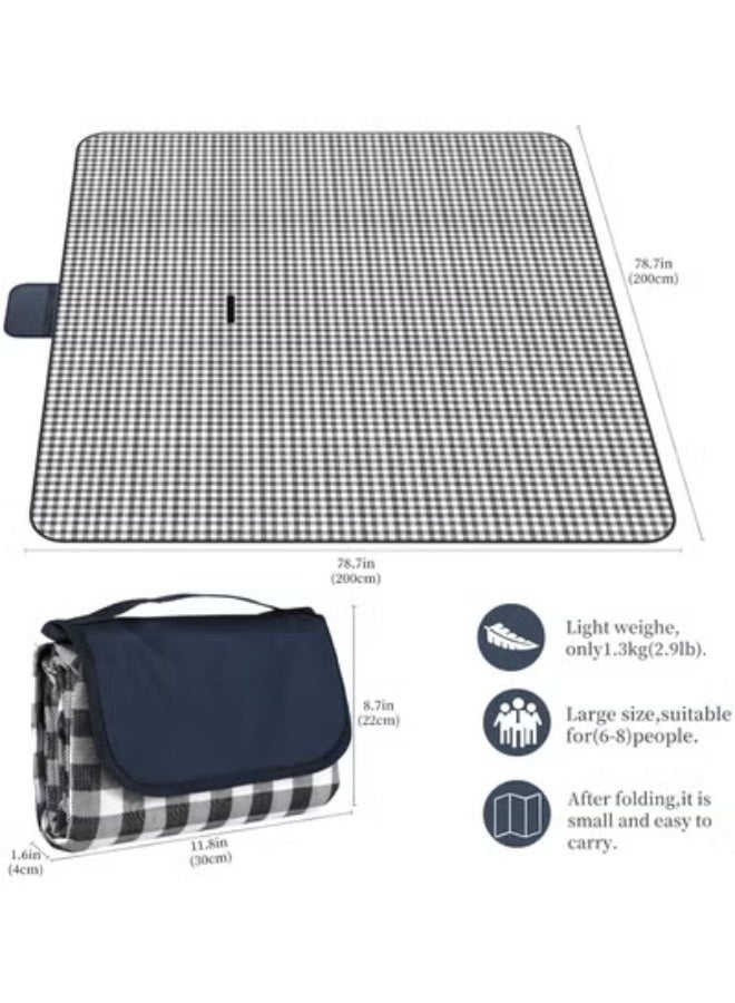 Picnic Mat Picnic Blanket Waterproof Beach Rug 150cmx200cm Picnic Mat Washable Lightweight with Handle Navy Blue Checkered for Hiking Travelling Outdoor Camping,Parks - Image 2