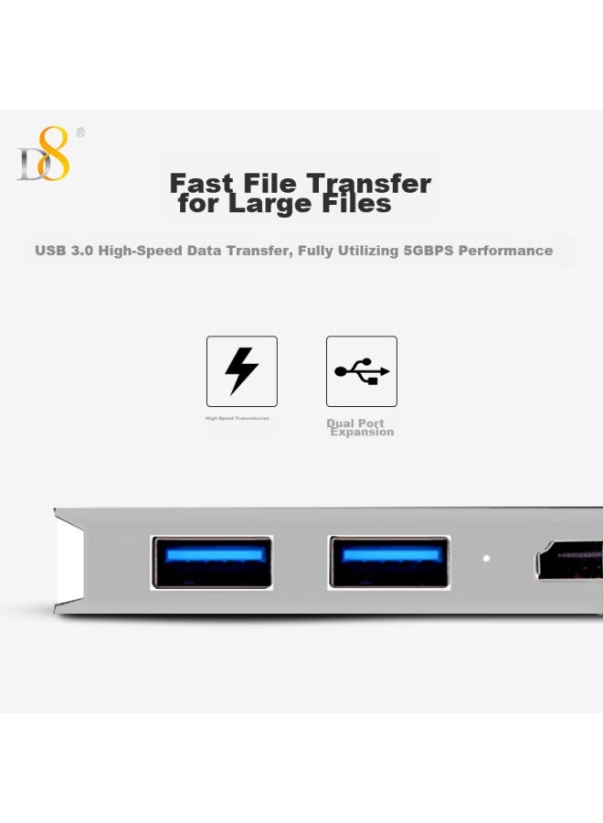 D8 Usb Type-c Hub, Laptop Multi-port Adapter, Four-port Converter, High-definition Hdmi Multi-function, Silver - Image 2