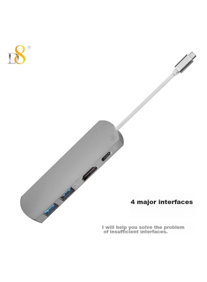 D8 Usb Type-c Hub, Laptop Multi-port Adapter, Four-port Converter, High-definition Hdmi Multi-function, Silver - Image 4