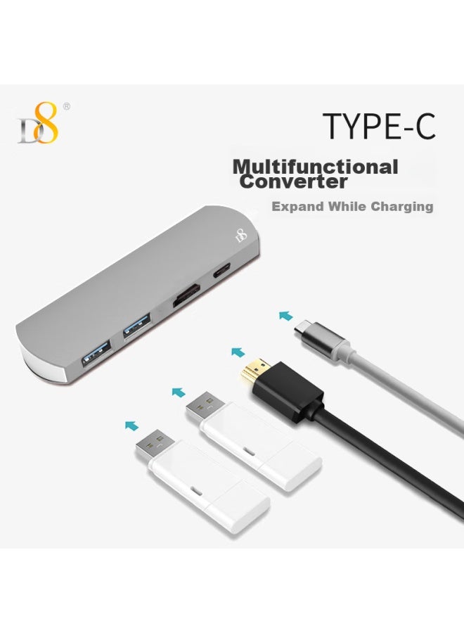 D8 Usb Type-c Hub, Laptop Multi-port Adapter, Four-port Converter, High-definition Hdmi Multi-function, Silver - Image 1
