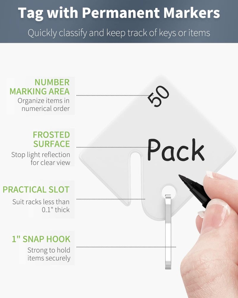 Uniclife 50 Pcs Rack Key Tags 1.5 Inch Slotted Plastic Tags with Metal Snap Hooks White Square Hanging Tags for Key Cabinets Boxes Lockers Sturdy Frosted Item Identifiers for Home Offices and Garages - Image 2