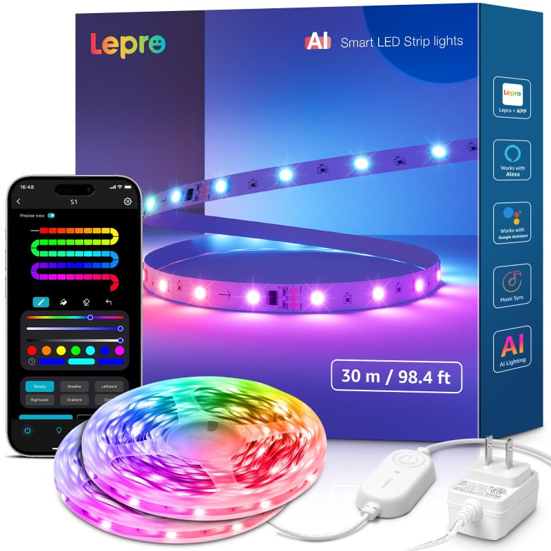 Lepro S1 AI LED Strip Lights for Bedroom - 100ft(2 Rolls of 50ft) Smart RGB Light Strips with IC and Rainbow Chasing Effects, Personalized Al Lighting Designer, No Remote, 2.4G Wi-Fi & Bluetooth - Image 1