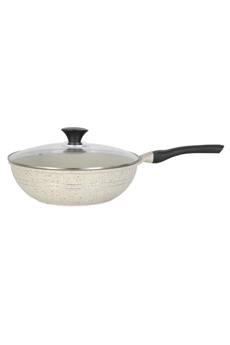 SONEX Eden Wok Pan 30 cm Aluminum Non Stick White Marble Coating with Glass Lid - Image 1