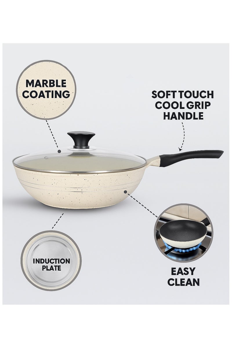 SONEX Eden Wok Pan 30 cm Aluminum Non Stick White Marble Coating with Glass Lid - Image 3