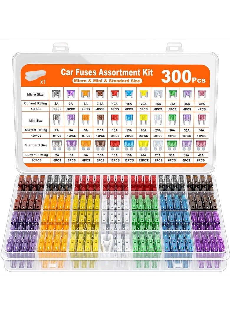 300 Pcs Zinc Car Fuses, 160 Car Mini Blade Fuses+90 Standard Car Fuses+50 Micro+Puller - A Substitute For Rv Camping Vehicles (2a/3a/5a/7.5a/10a/15a/20a/25a/30a/35a/40a) - Image 1