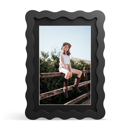 THKRLOF 5x7 Picture Frame with Mat for 4x6 Wavy Edge Wooden Real Glass Photo Frame for Tabletop and Wall Hanging Black 1 Pack - Image 1