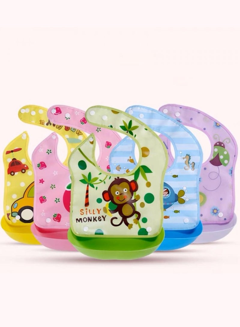 إيونتو مجموعة من 5 مرايل أطفال مع مصيدة طعام قابلة للفصل - مرايل تغذية مقاومة للماء وقابلة لإعادة الاستخدام للرضع والأطفال الصغار، تصميم للجنسين - Image 2