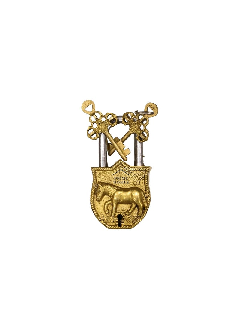 BHAVIKA DECOR BHAVIKA DECOR Brass Horse Padlock Vintage Style Antique Horse Shape Security Lock Functional Pad Lock with 2 Keys Golden  - Image 1