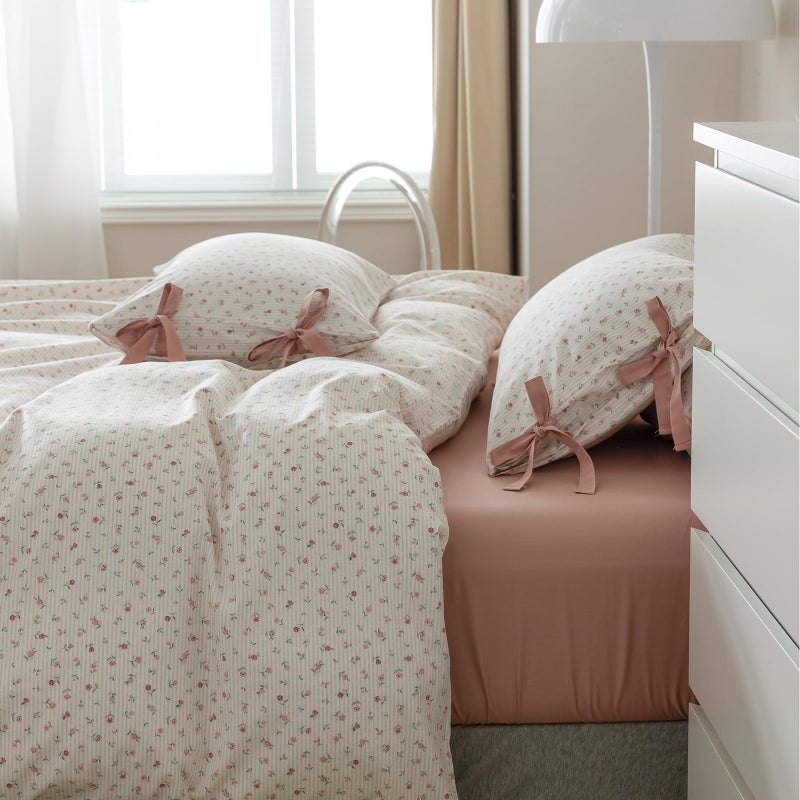 mixinni Soft Aesthetic Floral Print White Duvet Cover Pink Rose Pattern Girls Striped Bedding 1 Duvet Cover 2 Bow Tie Pillowcases Twin Size 100% Cotton with Zipper Ties for Teenage Girls - Image 5