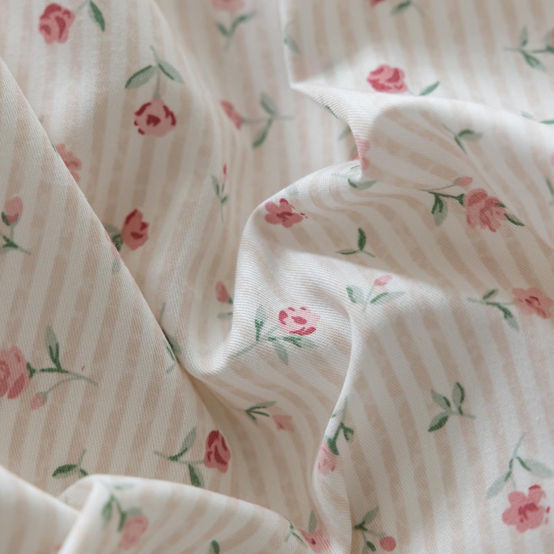 mixinni Soft Aesthetic Floral Print White Duvet Cover Pink Rose Pattern Girls Striped Bedding 1 Duvet Cover 2 Bow Tie Pillowcases Twin Size 100% Cotton with Zipper Ties for Teenage Girls - Image 4