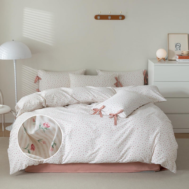 mixinni Soft Aesthetic Floral Print White Duvet Cover Pink Rose Pattern Girls Striped Bedding 1 Duvet Cover 2 Bow Tie Pillowcases Twin Size 100% Cotton with Zipper Ties for Teenage Girls - Image 2
