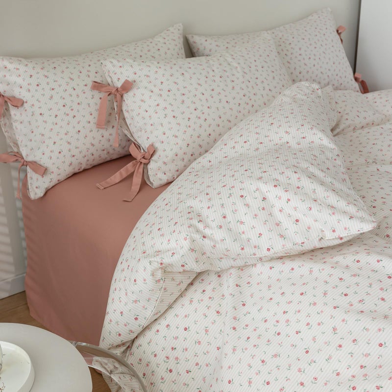 mixinni Soft Aesthetic Floral Print White Duvet Cover Pink Rose Pattern Girls Striped Bedding 1 Duvet Cover 2 Bow Tie Pillowcases Twin Size 100% Cotton with Zipper Ties for Teenage Girls - Image 1