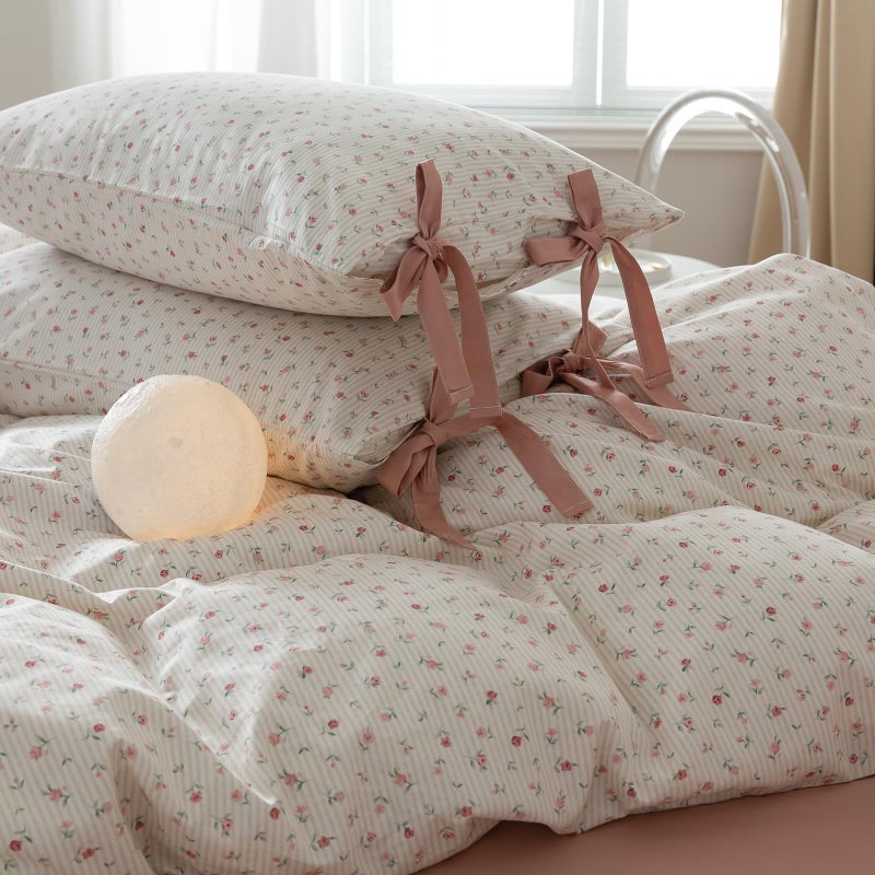mixinni Soft Aesthetic Floral Print White Duvet Cover Pink Rose Pattern Girls Striped Bedding 1 Duvet Cover 2 Bow Tie Pillowcases Twin Size 100% Cotton with Zipper Ties for Teenage Girls - Image 3