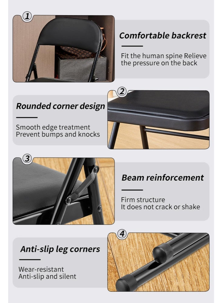 Foldable Chair - Black- Folding Chair with Padded Faux Leather Seat, Double-Braced Iron Frame, Double-Hinged Joints, Anti-Slip Caps -Ideal for Home, Office, Meetings, Events - Image 4