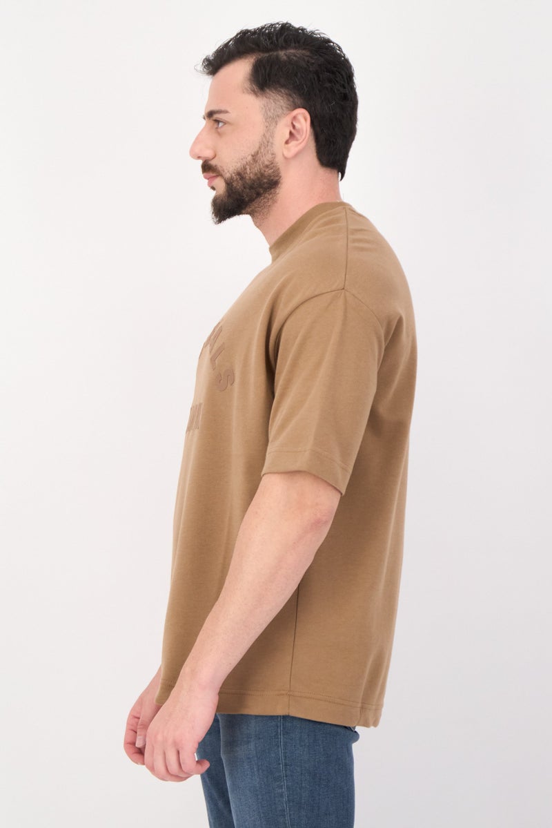 Blank Essentials Men Crew Neck Short Sleeves Embroidered Logo T-Shirt, Tan - Image 2