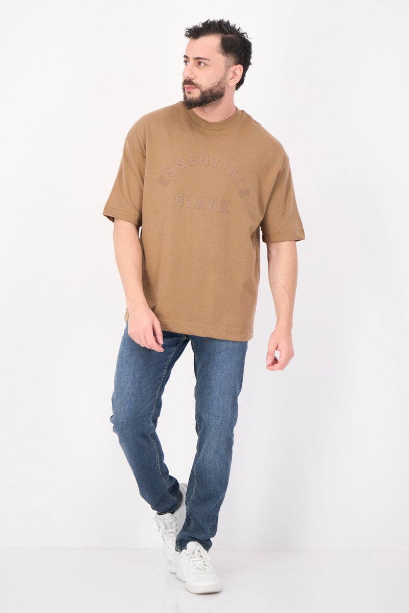 Blank Essentials Men Crew Neck Short Sleeves Embroidered Logo T-Shirt, Tan - Image 4