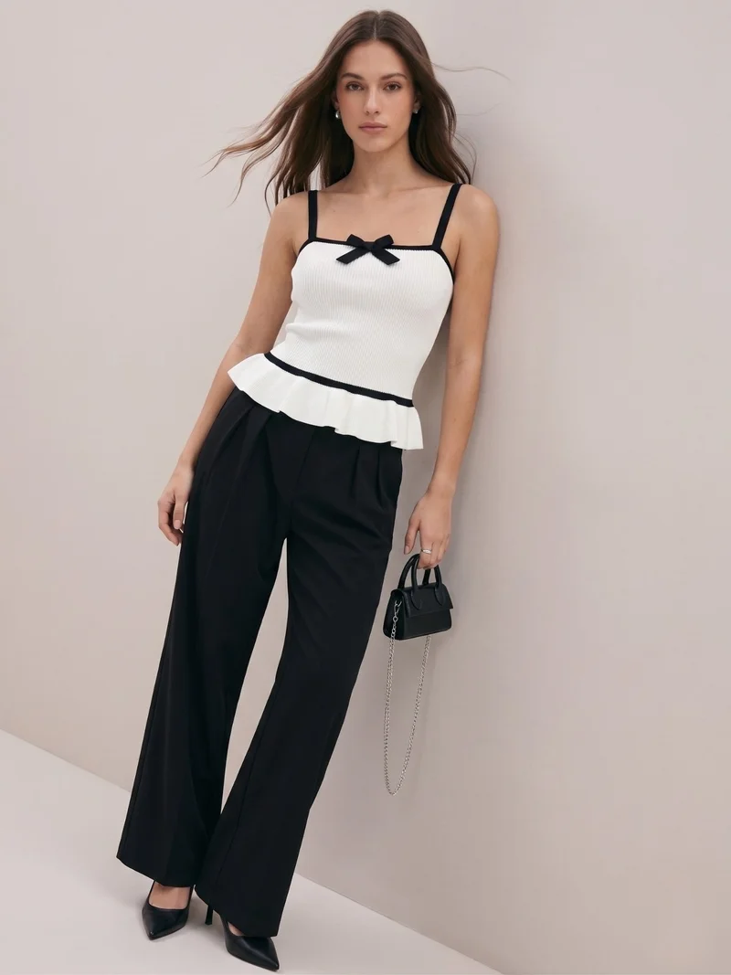 Outzidr  White Strappy Contrast Piping Peplum Top With Small Bow Detail for Women | Best Price UAE