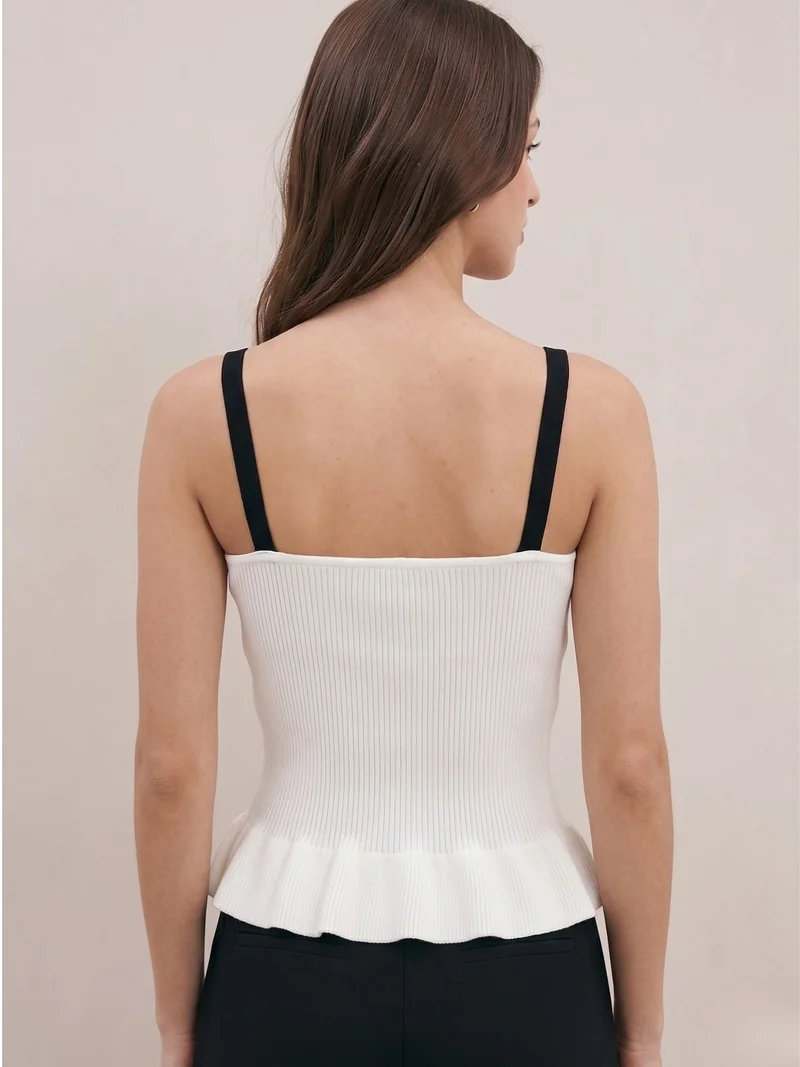 Outzidr  White Strappy Contrast Piping Peplum Top With Small Bow Detail for Women | Best Price UAE