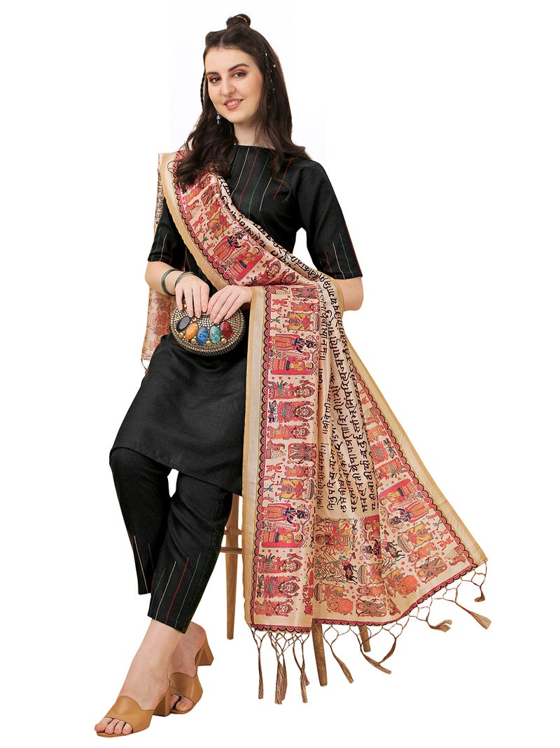 EthnicJunction Women's Solid & Shtriped work Cotton Kurta Pant with Dupatta set (B31-Bharat-Black_M_Y_Black) - Image 1