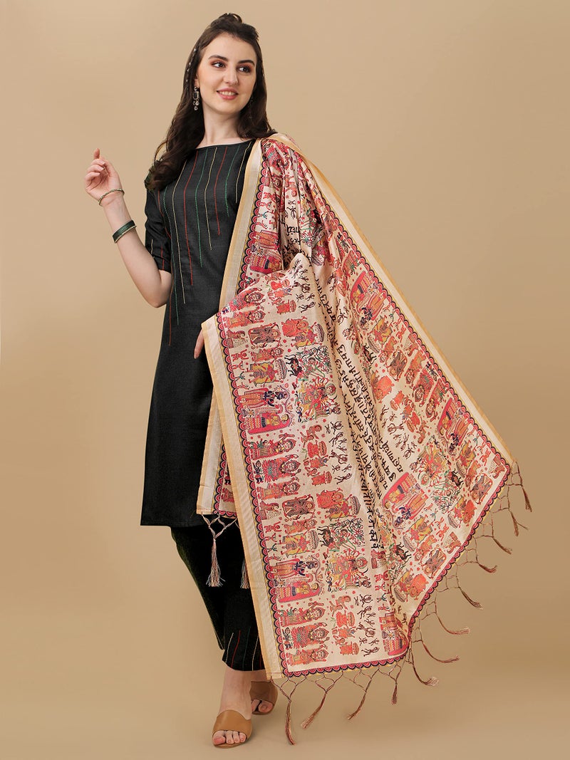 EthnicJunction Women's Solid & Shtriped work Cotton Kurta Pant with Dupatta set (B31-Bharat-Black_M_Y_Black) - Image 4