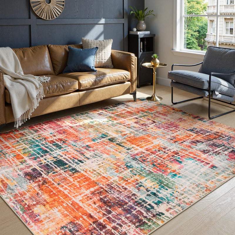 Beeiva Abstract Rugs for Living Room 5x7, Modern Washable Non Slip Area Rug, Ultra Thin Foldable Low Pile Carpet for Dining Room Office Bedroom Playroom - Multicolor - Image 1