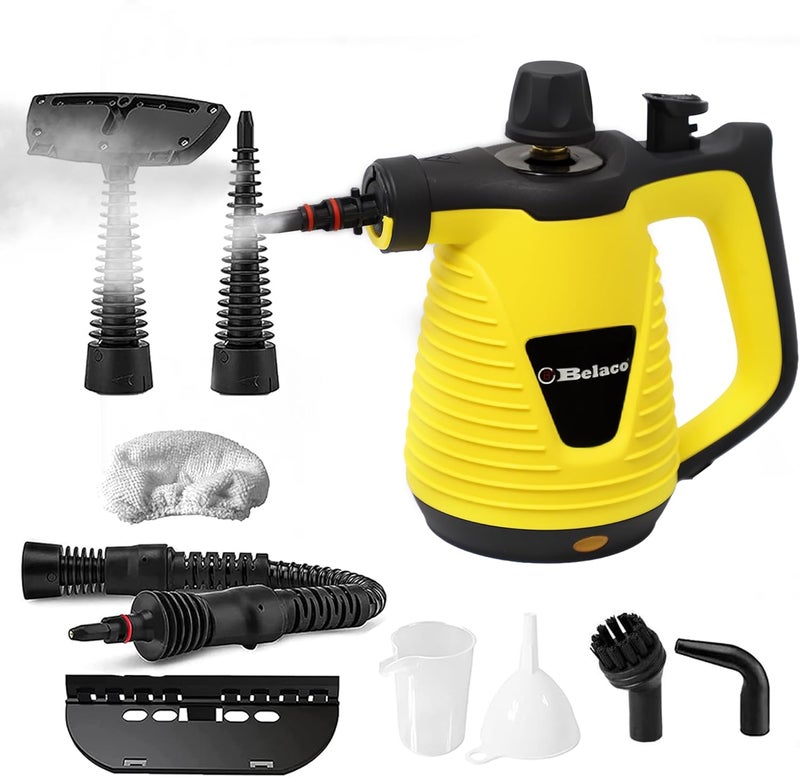 Belaco Multipurpose Steam Cleaner HandHeld with 9 Pieces Accessory kit for Multipurpose Yellow portable steamer for stain removing tiles kitchen bathroom garment car seats & more 1050W British Plug - Image 1