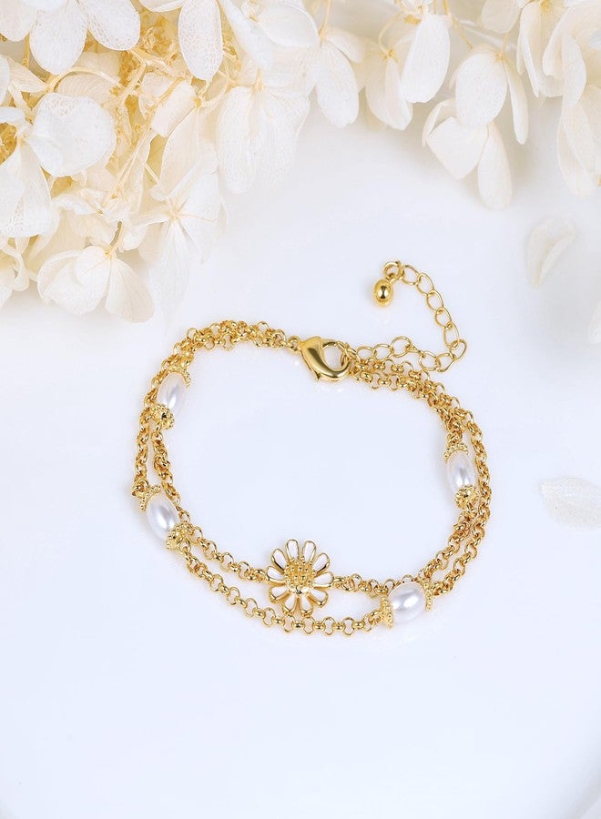 AILife Gold Double Layered Pearl Bracelets for Women, 14K Real Yellow Gold Plated Dainty Pearls Bracelet (Flower Pearl Bracelets) - Image 5