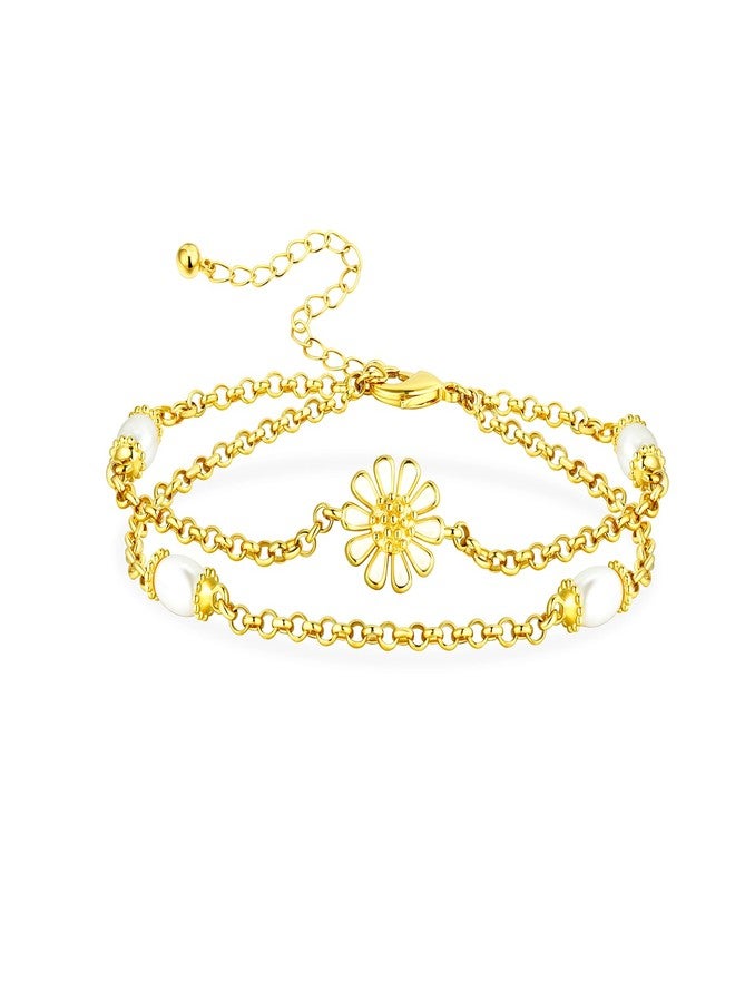 AILife Gold Double Layered Pearl Bracelets for Women, 14K Real Yellow Gold Plated Dainty Pearls Bracelet (Flower Pearl Bracelets) - Image 1