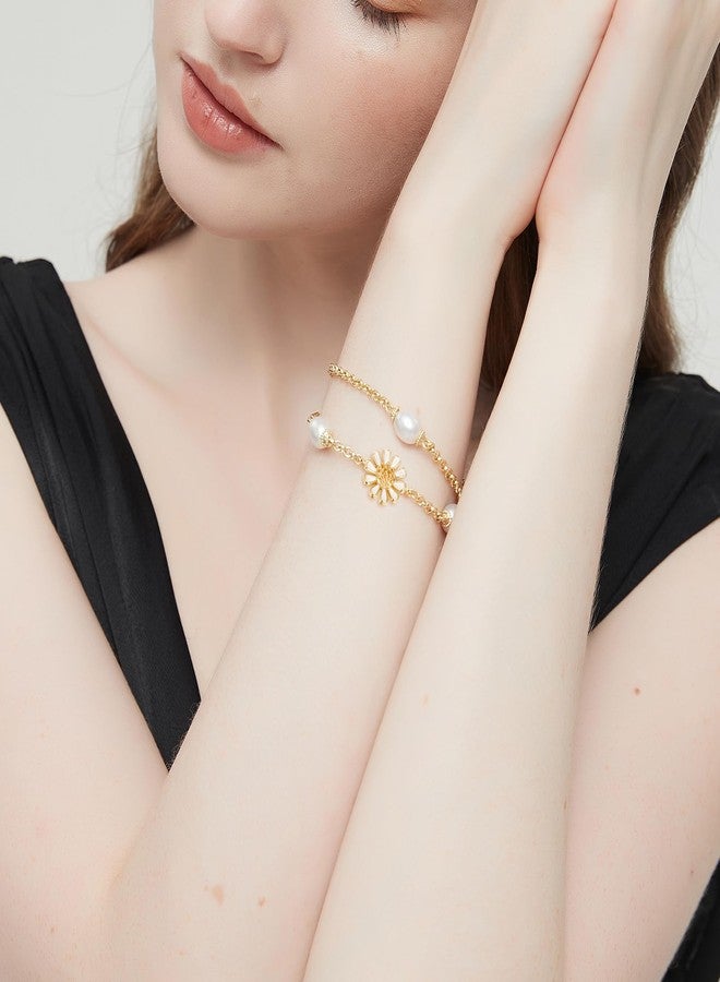 AILife Gold Double Layered Pearl Bracelets for Women, 14K Real Yellow Gold Plated Dainty Pearls Bracelet (Flower Pearl Bracelets) - Image 4