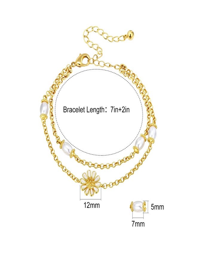 AILife Gold Double Layered Pearl Bracelets for Women, 14K Real Yellow Gold Plated Dainty Pearls Bracelet (Flower Pearl Bracelets) - Image 3