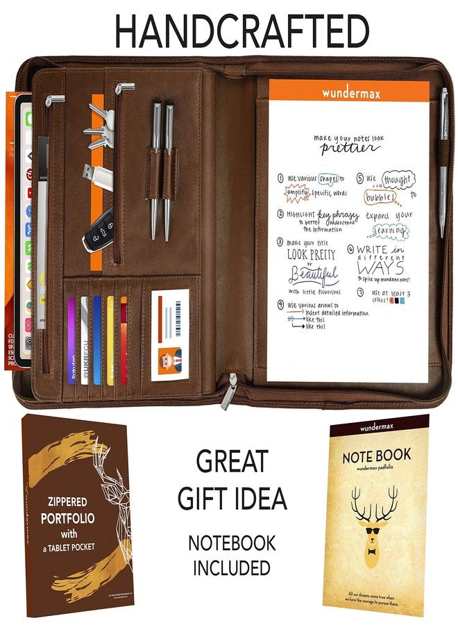 Wundermax Vegan PU Leather Portfolio with Zipper - Business Notebook Organizer for Resume - Padfolio for Men & Women w/Notepad Compatible with 10" iPad/Tablet Pocket Aesthetic School Suppliers, Brown - Image 2