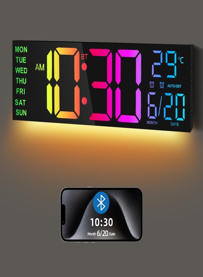 Maxstar 16.2'' Large Digital Wall Clock with Bluetooth Auto Sync, Remote Control, Alarm, LED Display, RGB Colors, Auto DST & Temperature for Classroom, Bedroom, Office, Garage-Black - Image 1