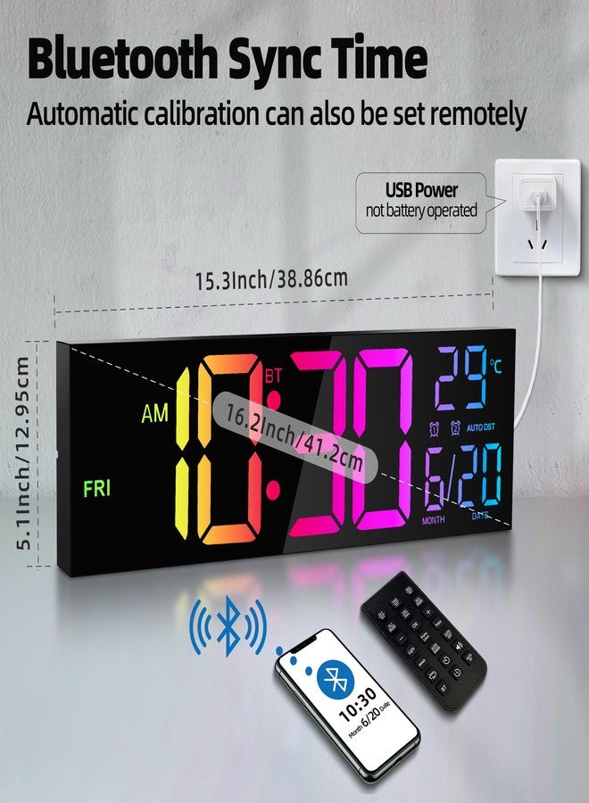 Maxstar 16.2'' Large Digital Wall Clock with Bluetooth Auto Sync, Remote Control, Alarm, LED Display, RGB Colors, Auto DST & Temperature for Classroom, Bedroom, Office, Garage-Black - Image 2