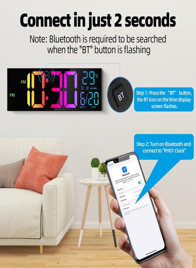 Maxstar 16.2'' Large Digital Wall Clock with Bluetooth Auto Sync, Remote Control, Alarm, LED Display, RGB Colors, Auto DST & Temperature for Classroom, Bedroom, Office, Garage-Black - Image 3