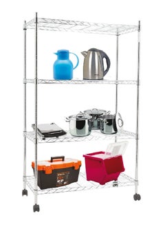4-Tier Rectangular Stainless Steel Storage Shelf with Wheels Silver 48 x 30 x 14 Inch SHE14304