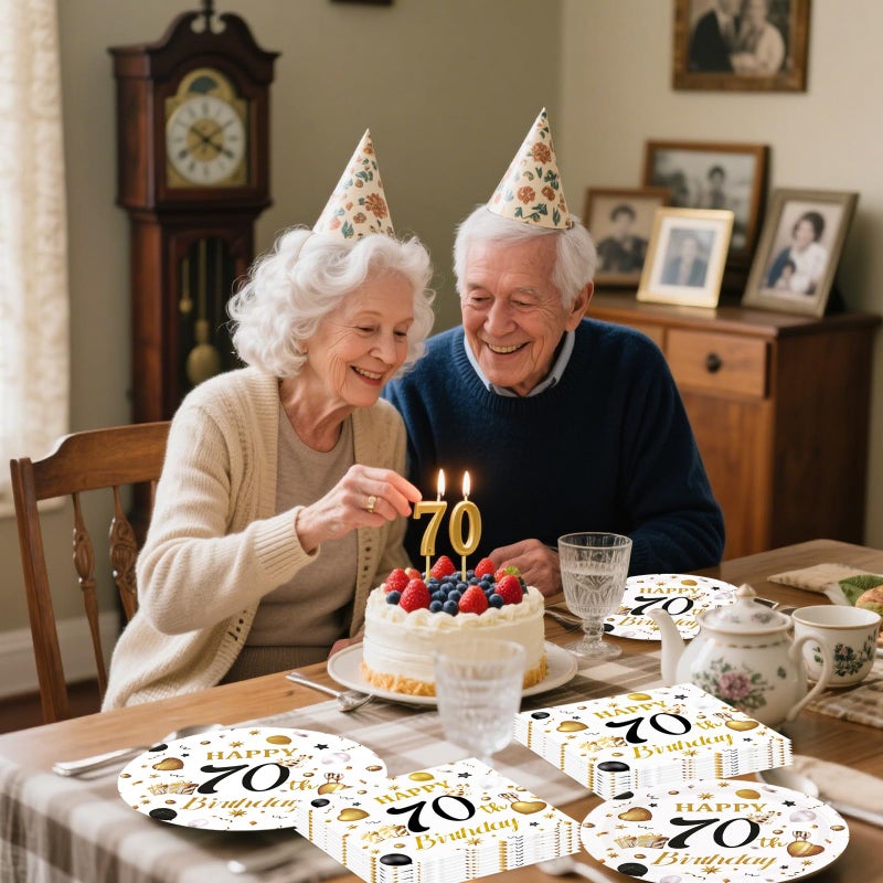 HFBOBP 75Pcs 70Th Birthday Plates And Napkins Party Decorations  7 Inch White And Gold Happy Birthday Paper Plates And Napkins Disposable Tableware Set 70 Year Old Birthday'S Party Decor For Women Men - Image 2